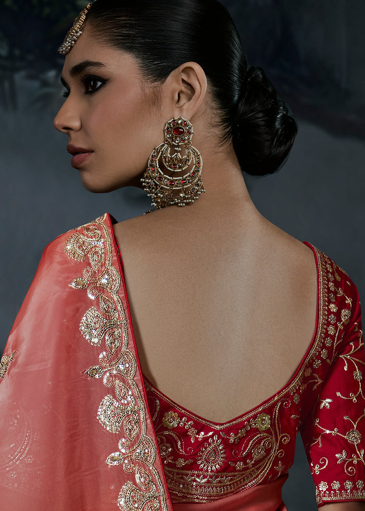 Buy Now Orange &amp; Pink Fancy Fabric Designer Wear Saree Online in US, UK, Canada, France, Germany, Denmark, Sweden, UAE, Greece, Italy &amp; Worldwide at Empress.