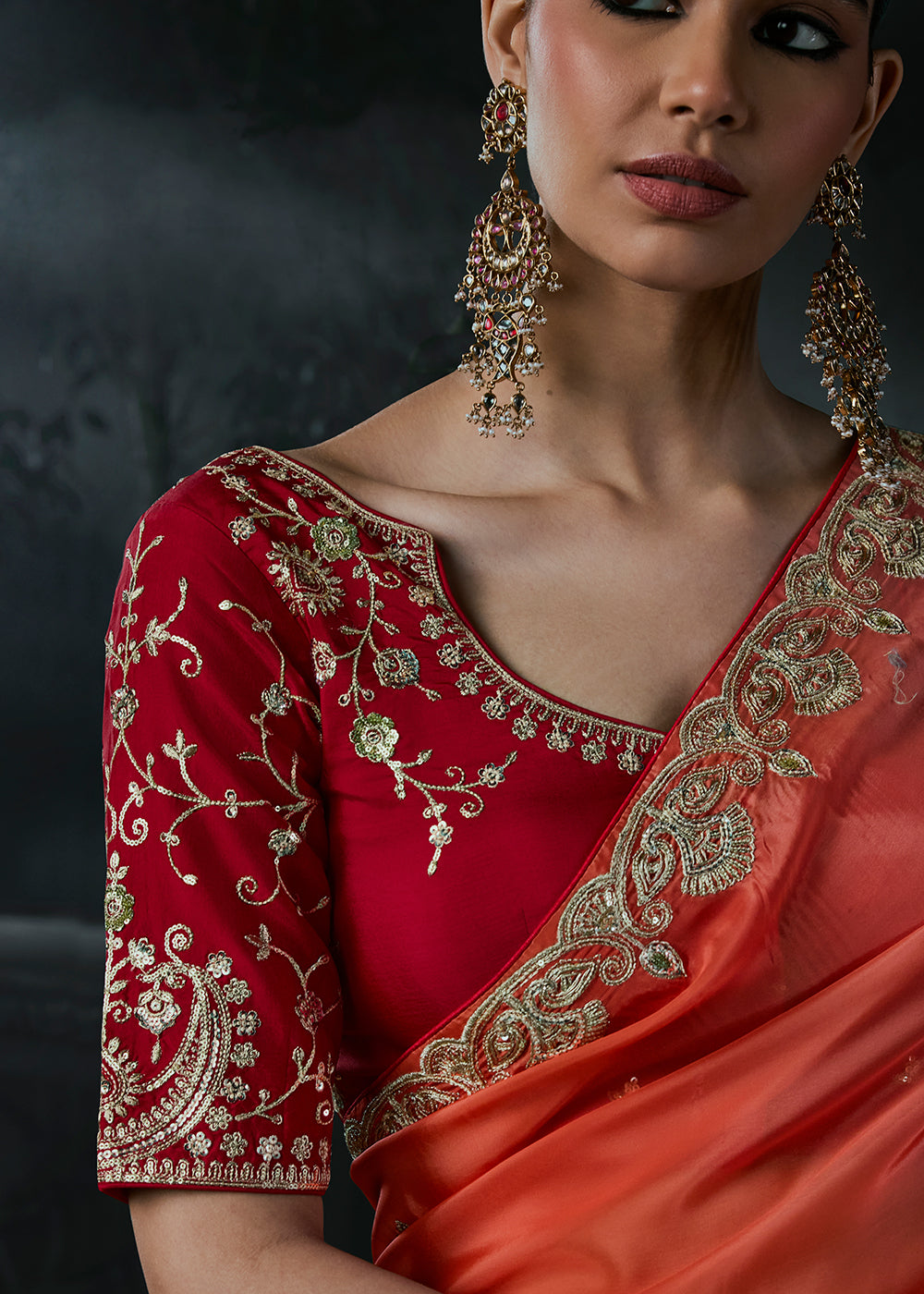 Buy Now Orange &amp; Pink Fancy Fabric Designer Wear Saree Online in US, UK, Canada, France, Germany, Denmark, Sweden, UAE, Greece, Italy &amp; Worldwide at Empress.