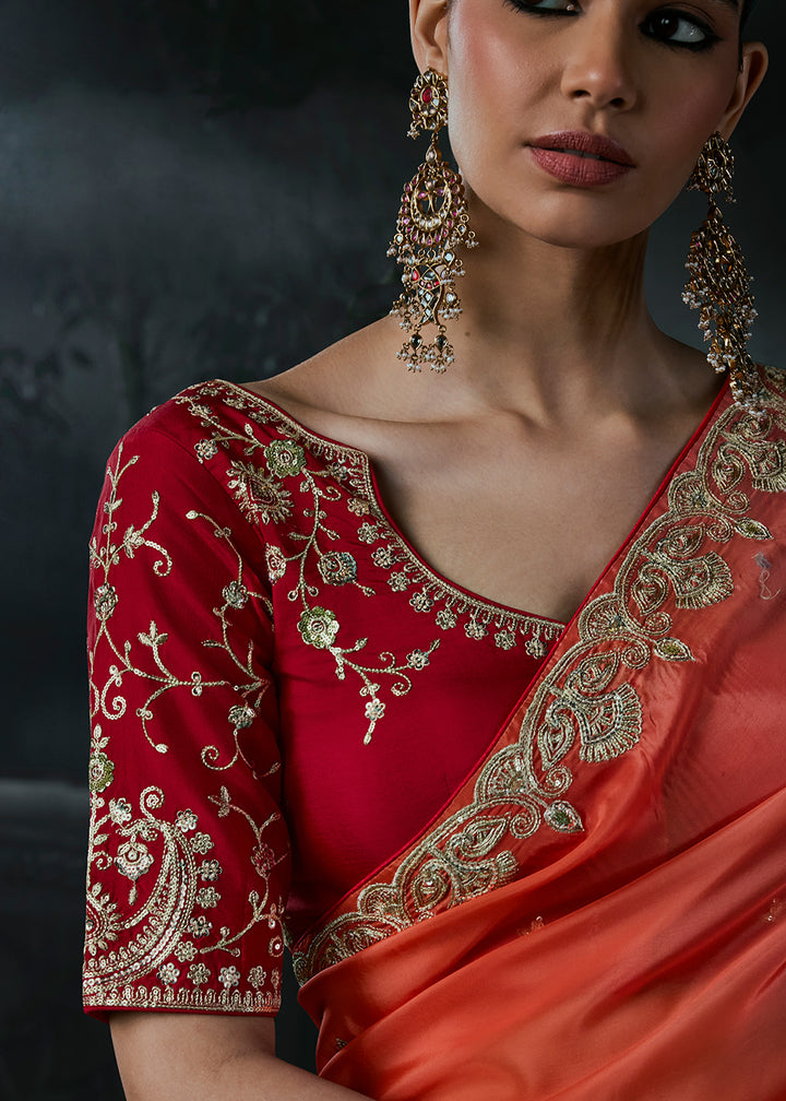 Buy Now Orange &amp; Pink Fancy Fabric Designer Wear Saree Online in US, UK, Canada, France, Germany, Denmark, Sweden, UAE, Greece, Italy &amp; Worldwide at Empress.