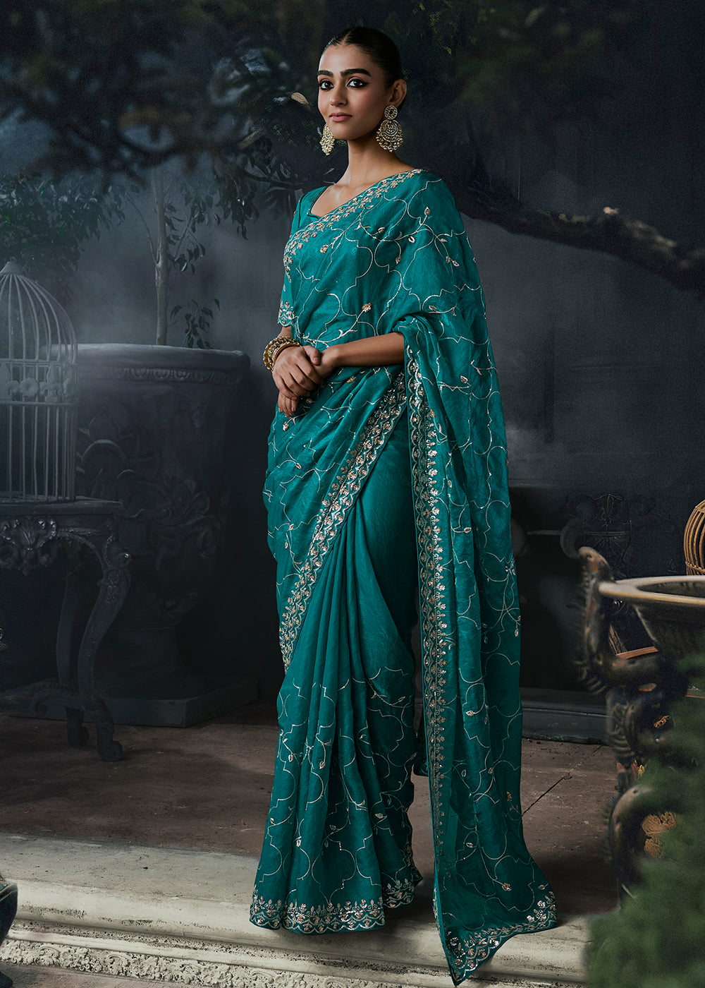 Buy Now Teal Blue Fancy Fabric Designer Wear Saree Online in US, UK, Canada, France, Germany, Denmark, Sweden, UAE, Greece, Italy & Worldwide at Empress.
