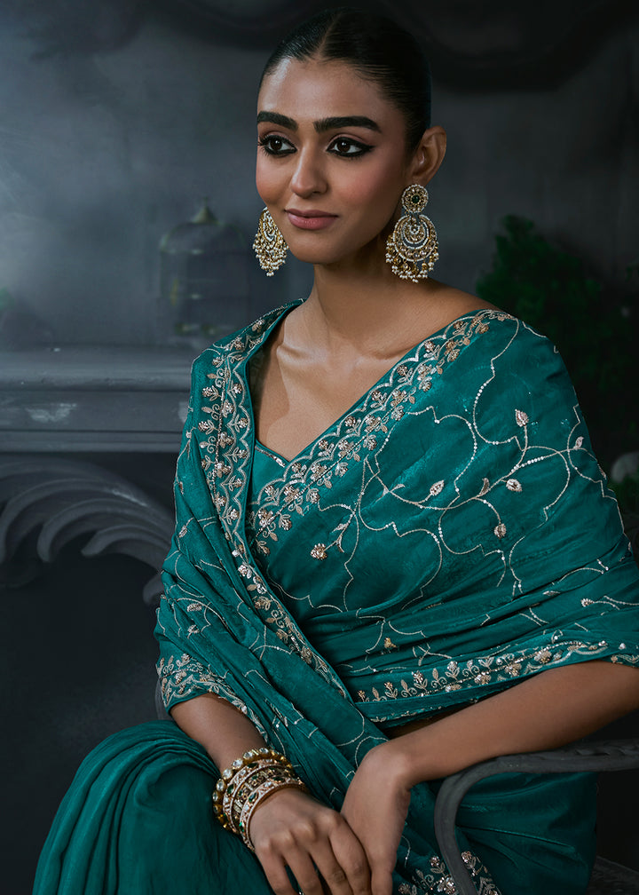 Buy Now Teal Blue Fancy Fabric Designer Wear Saree Online in US, UK, Canada, France, Germany, Denmark, Sweden, UAE, Greece, Italy &amp; Worldwide at Empress.