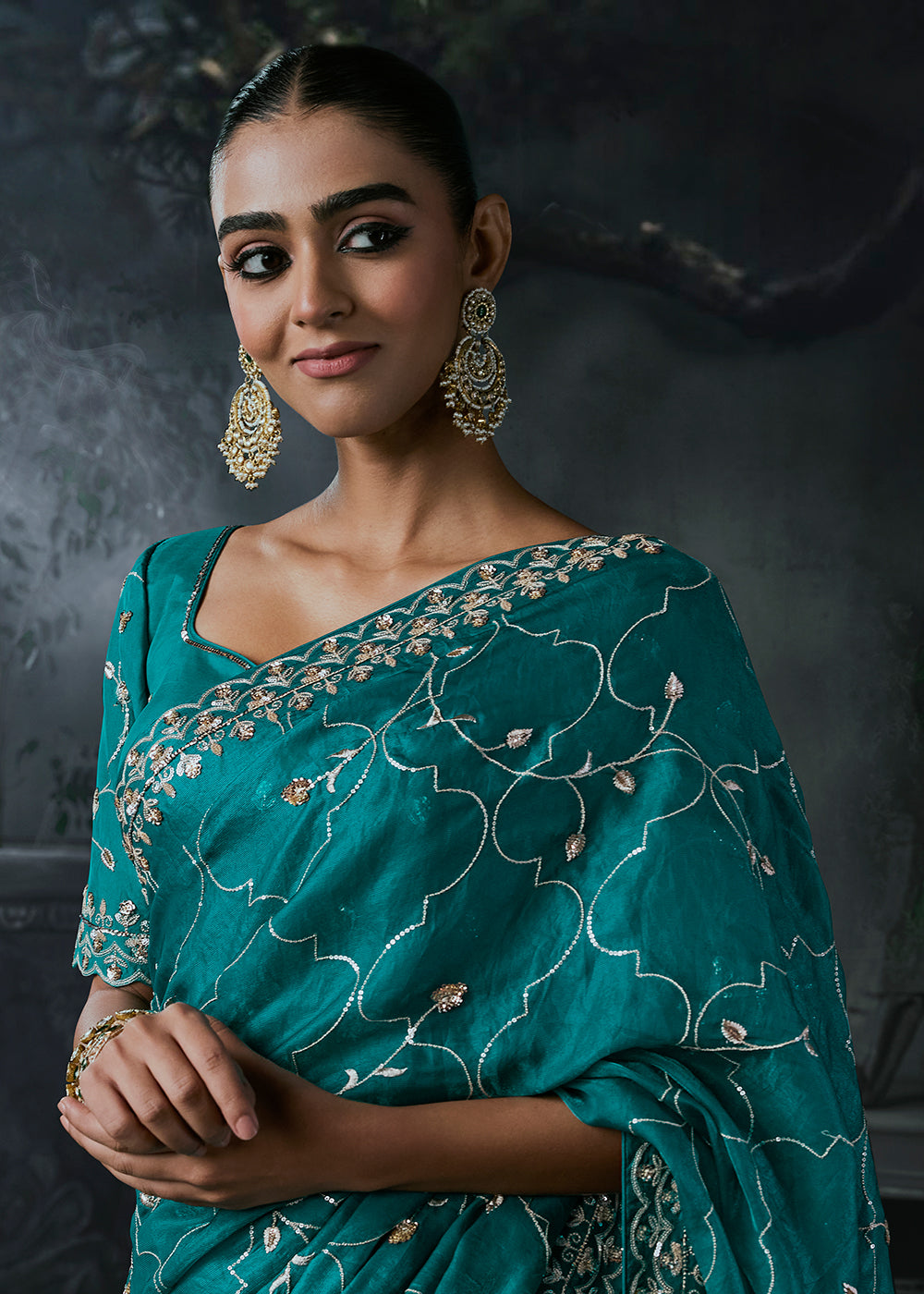 Buy Now Teal Blue Fancy Fabric Designer Wear Saree Online in US, UK, Canada, France, Germany, Denmark, Sweden, UAE, Greece, Italy & Worldwide at Empress.