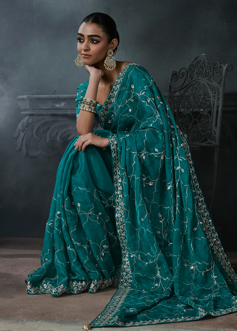 Buy Now Teal Blue Fancy Fabric Designer Wear Saree Online in US, UK, Canada, France, Germany, Denmark, Sweden, UAE, Greece, Italy &amp; Worldwide at Empress.
