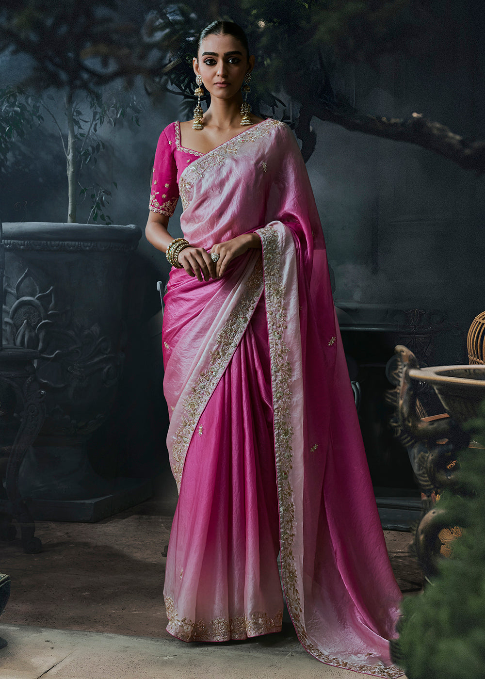 Buy Now Ombre Ivory Pink Fancy Fabric Designer Wear Saree Online in US, UK, Canada, France, Germany, Denmark, Sweden, UAE, Greece, Italy & Worldwide at Empress.