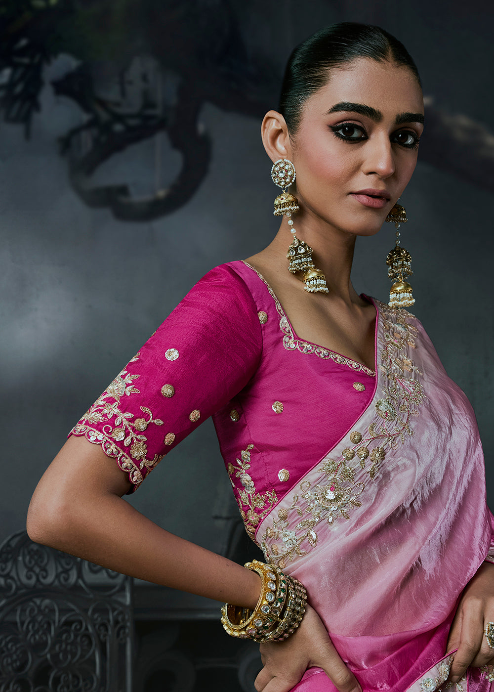 Buy Now Ombre Ivory Pink Fancy Fabric Designer Wear Saree Online in US, UK, Canada, France, Germany, Denmark, Sweden, UAE, Greece, Italy & Worldwide at Empress.