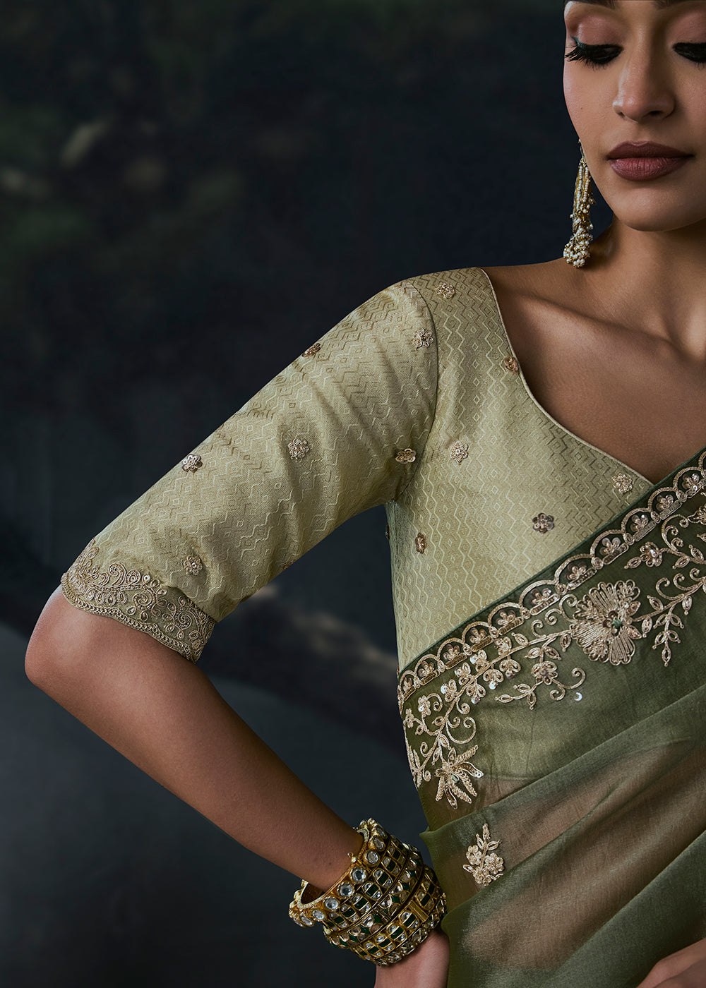 Buy Now Deep Olive Green Fancy Fabric Designer Wear Saree Online in US, UK, Canada, France, Germany, Denmark, Sweden, UAE, Greece, Italy &amp; Worldwide at Empress.