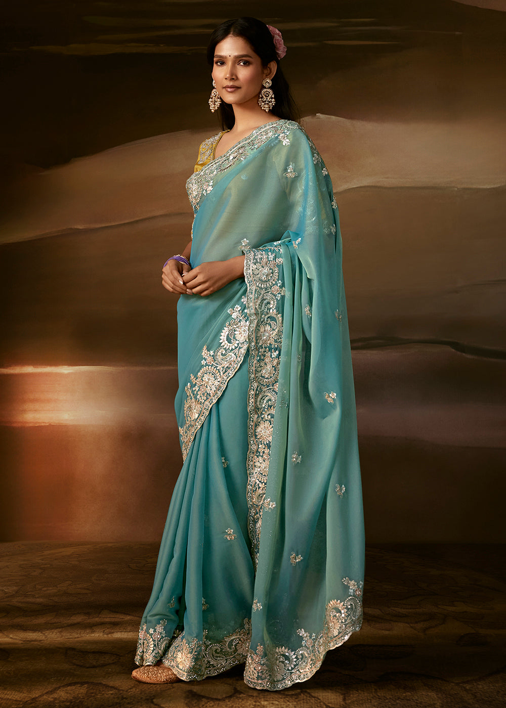Buy Now Light Blue Zari Organza Designer Style Festive Saree Online in US, UK, Canada, France, Germany, Denmark, Sweden, Australia, UAE & Worldwide at Empress.