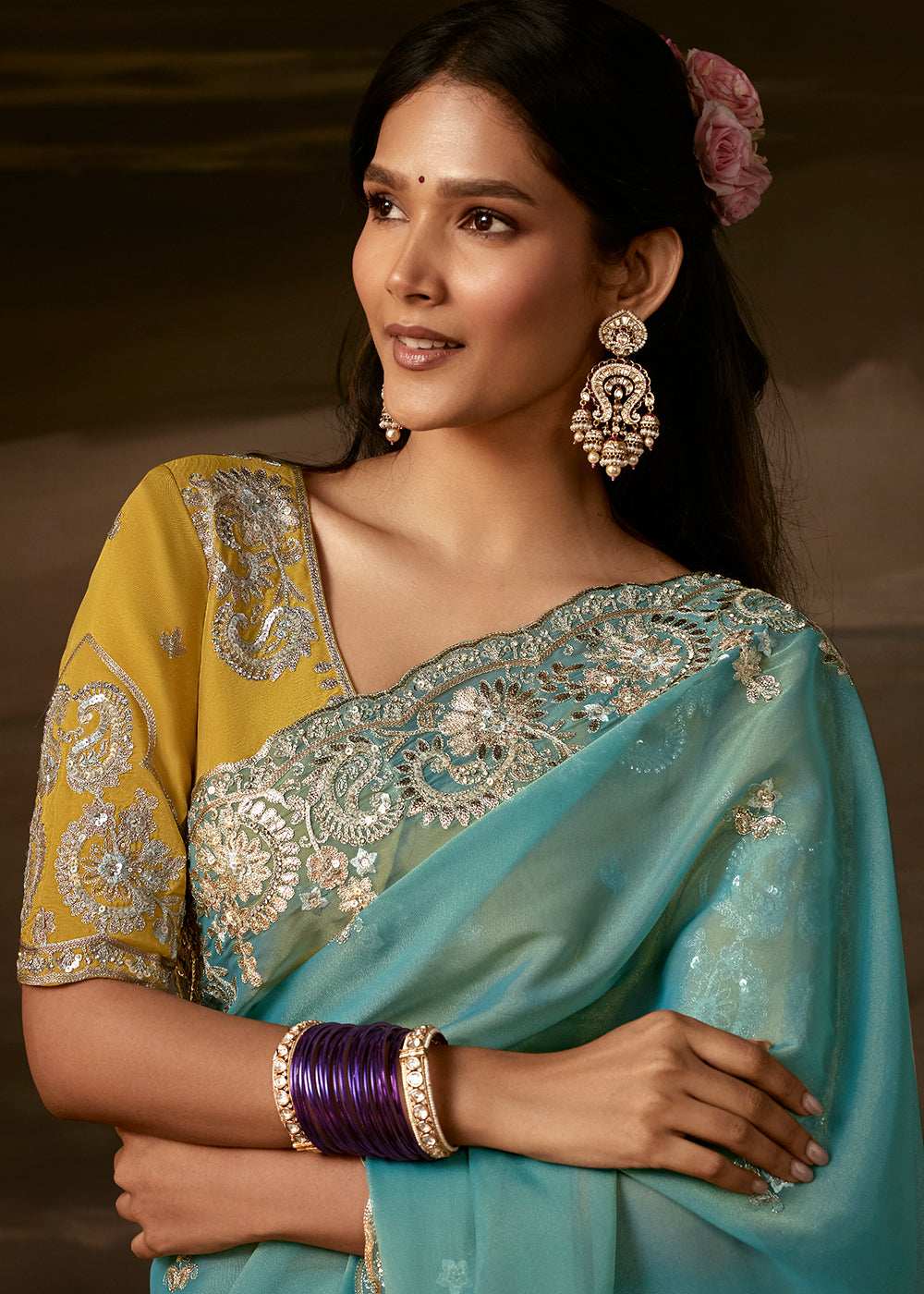Buy Now Light Blue Zari Organza Designer Style Festive Saree Online in US, UK, Canada, France, Germany, Denmark, Sweden, Australia, UAE & Worldwide at Empress.