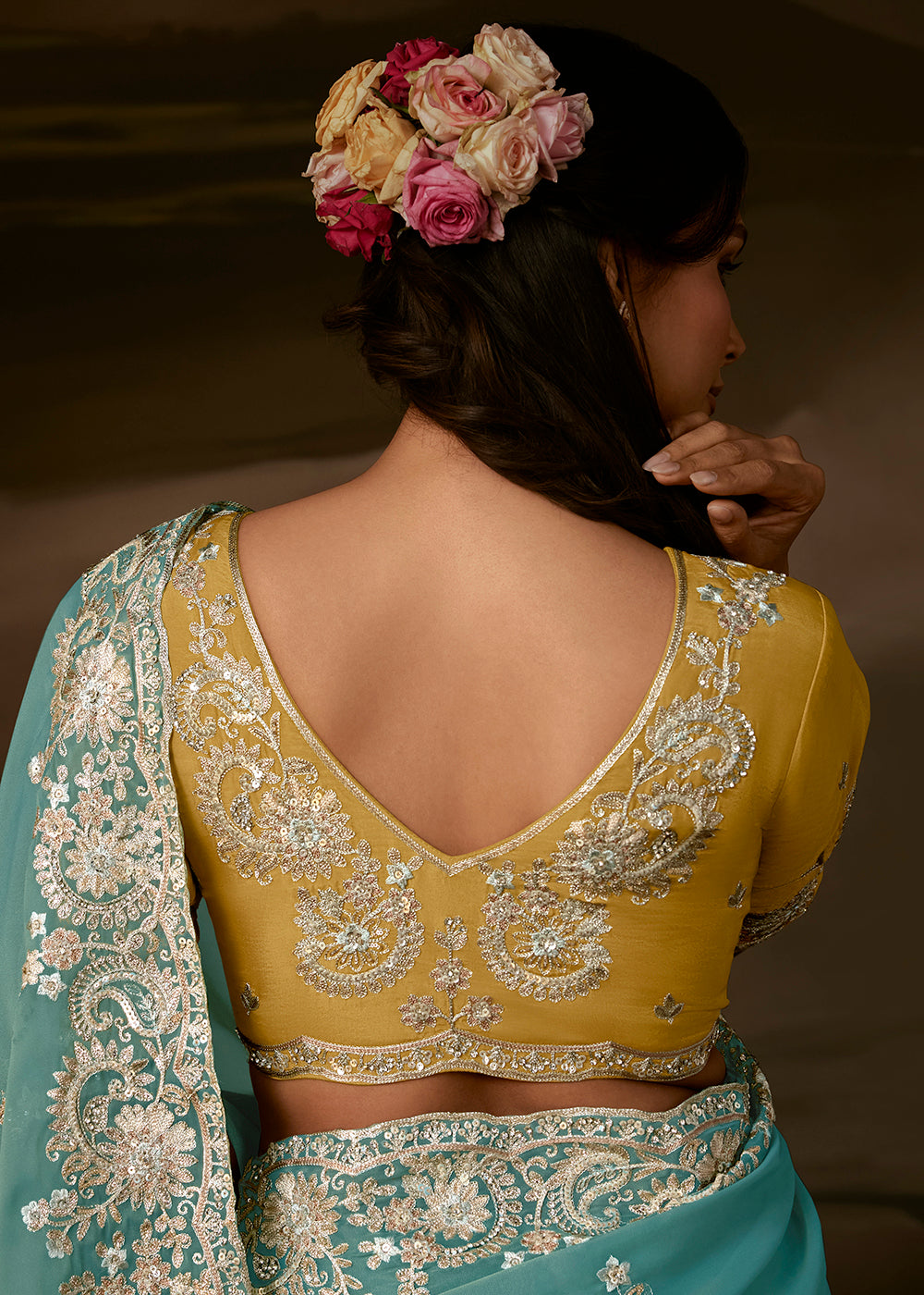 Buy Now Light Blue Zari Organza Designer Style Festive Saree Online in US, UK, Canada, France, Germany, Denmark, Sweden, Australia, UAE &amp; Worldwide at Empress.