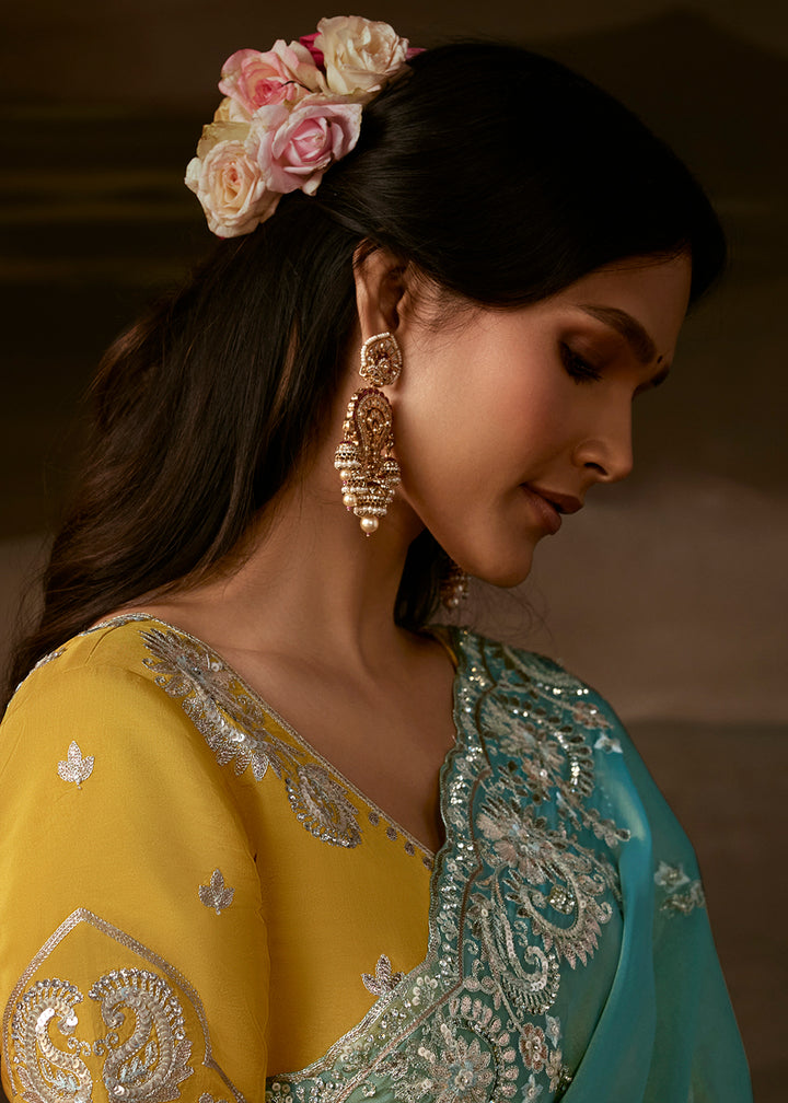 Buy Now Light Blue Zari Organza Designer Style Festive Saree Online in US, UK, Canada, France, Germany, Denmark, Sweden, Australia, UAE &amp; Worldwide at Empress.