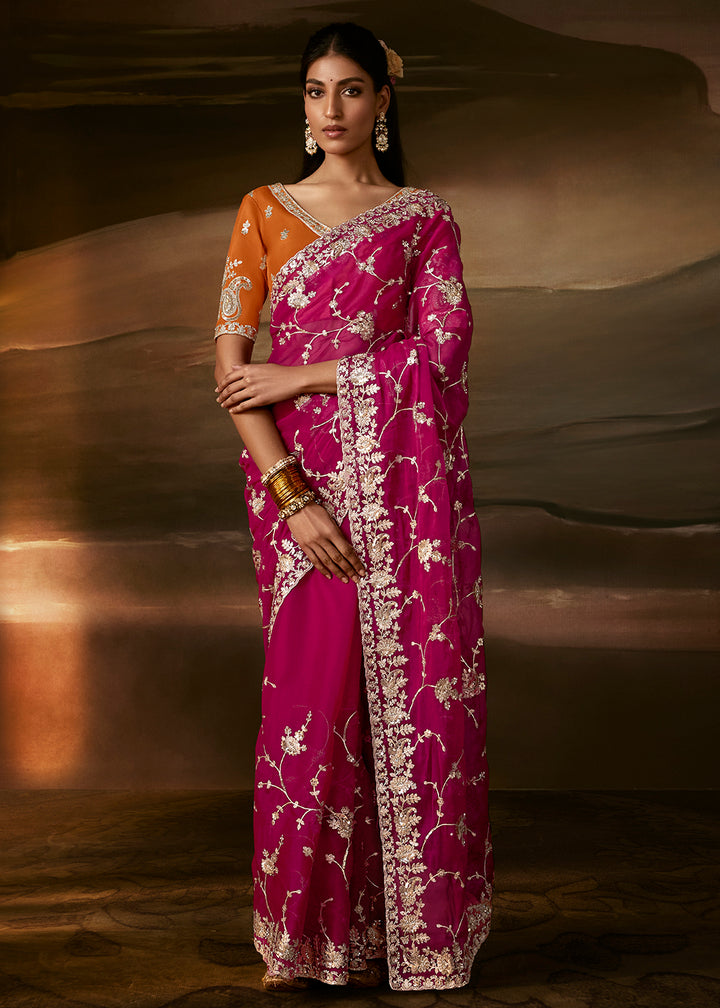 Buy Now Hot Pink Zari Organza Designer Style Festive Saree Online in US, UK, Canada, France, Germany, Denmark, Sweden, Australia, UAE &amp; Worldwide at Empress.