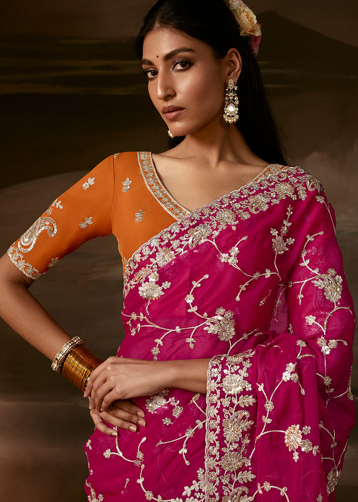 Buy Now Hot Pink Zari Organza Designer Style Festive Saree Online in US, UK, Canada, France, Germany, Denmark, Sweden, Australia, UAE &amp; Worldwide at Empress.