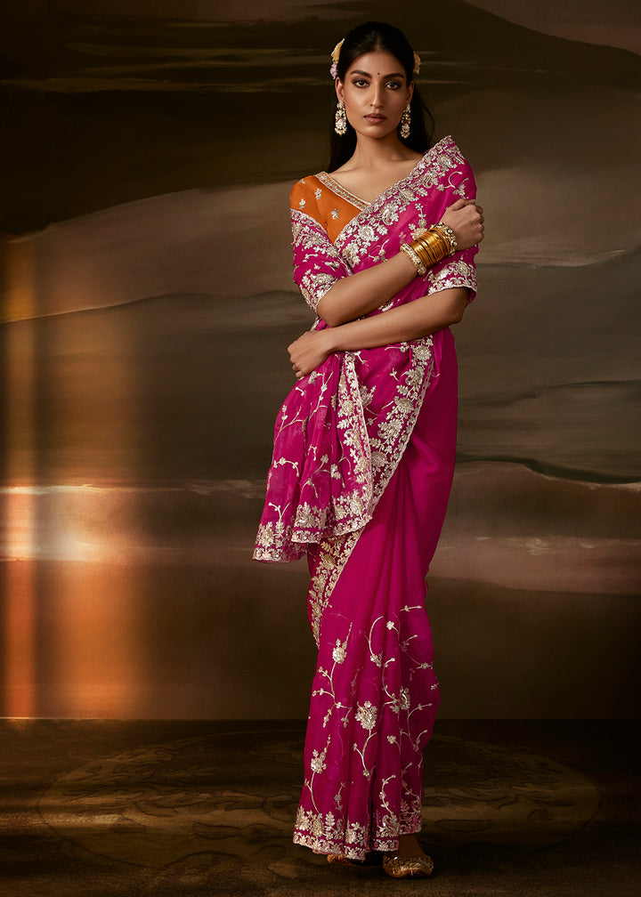 Buy Now Hot Pink Zari Organza Designer Style Festive Saree Online in US, UK, Canada, France, Germany, Denmark, Sweden, Australia, UAE &amp; Worldwide at Empress.