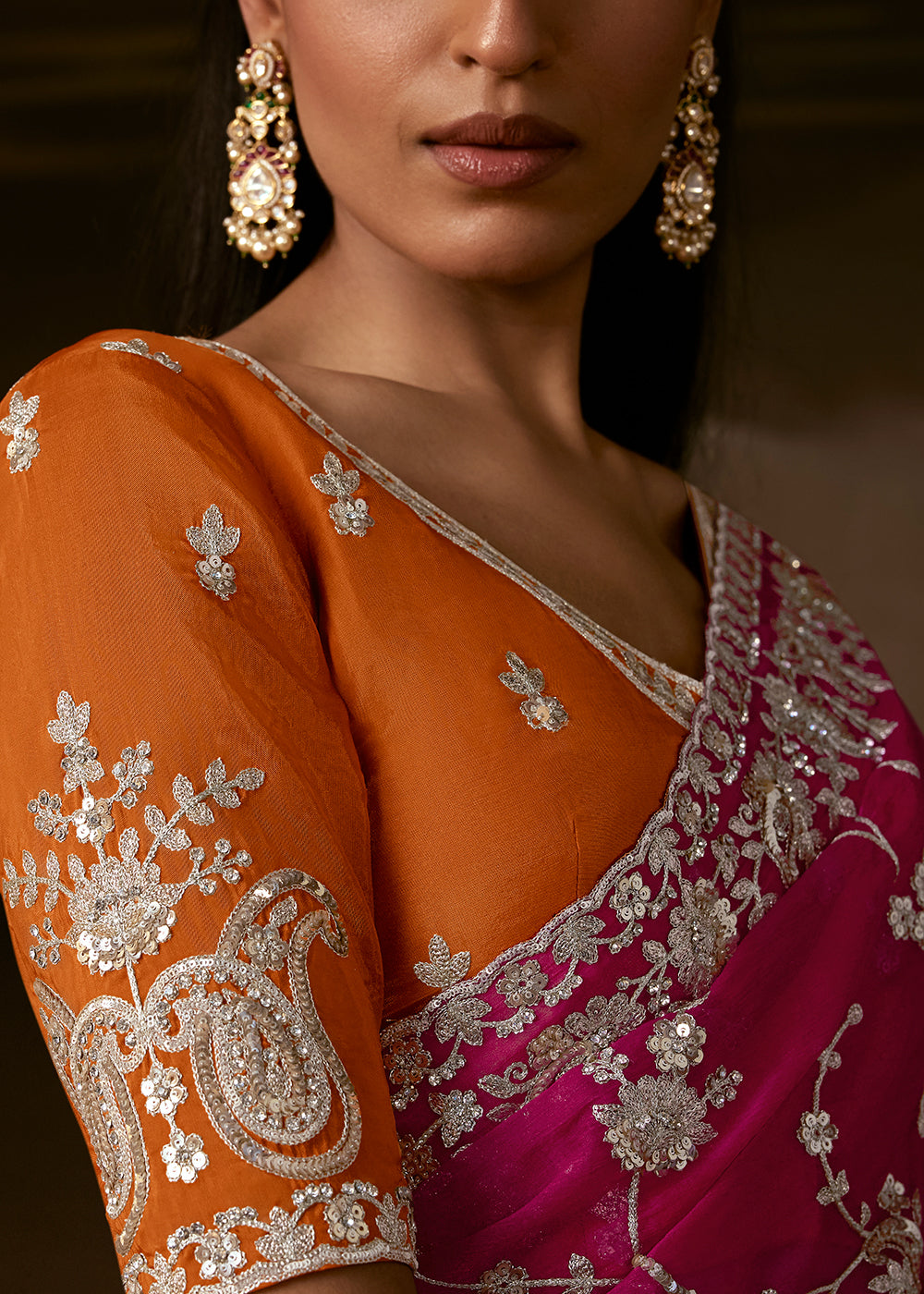 Buy Now Hot Pink Zari Organza Designer Style Festive Saree Online in US, UK, Canada, France, Germany, Denmark, Sweden, Australia, UAE &amp; Worldwide at Empress.