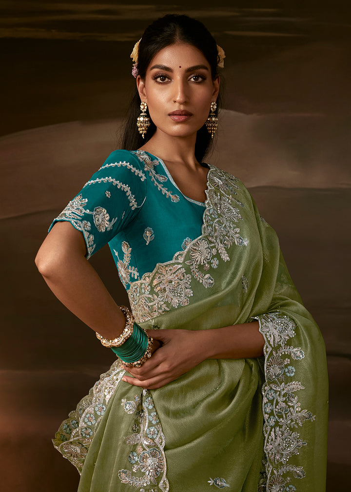 Buy Now Pista Green Zari Organza Designer Style Festive Saree Online in US, UK, Canada, France, Germany, Denmark, Sweden, Australia, UAE &amp; Worldwide at Empress.