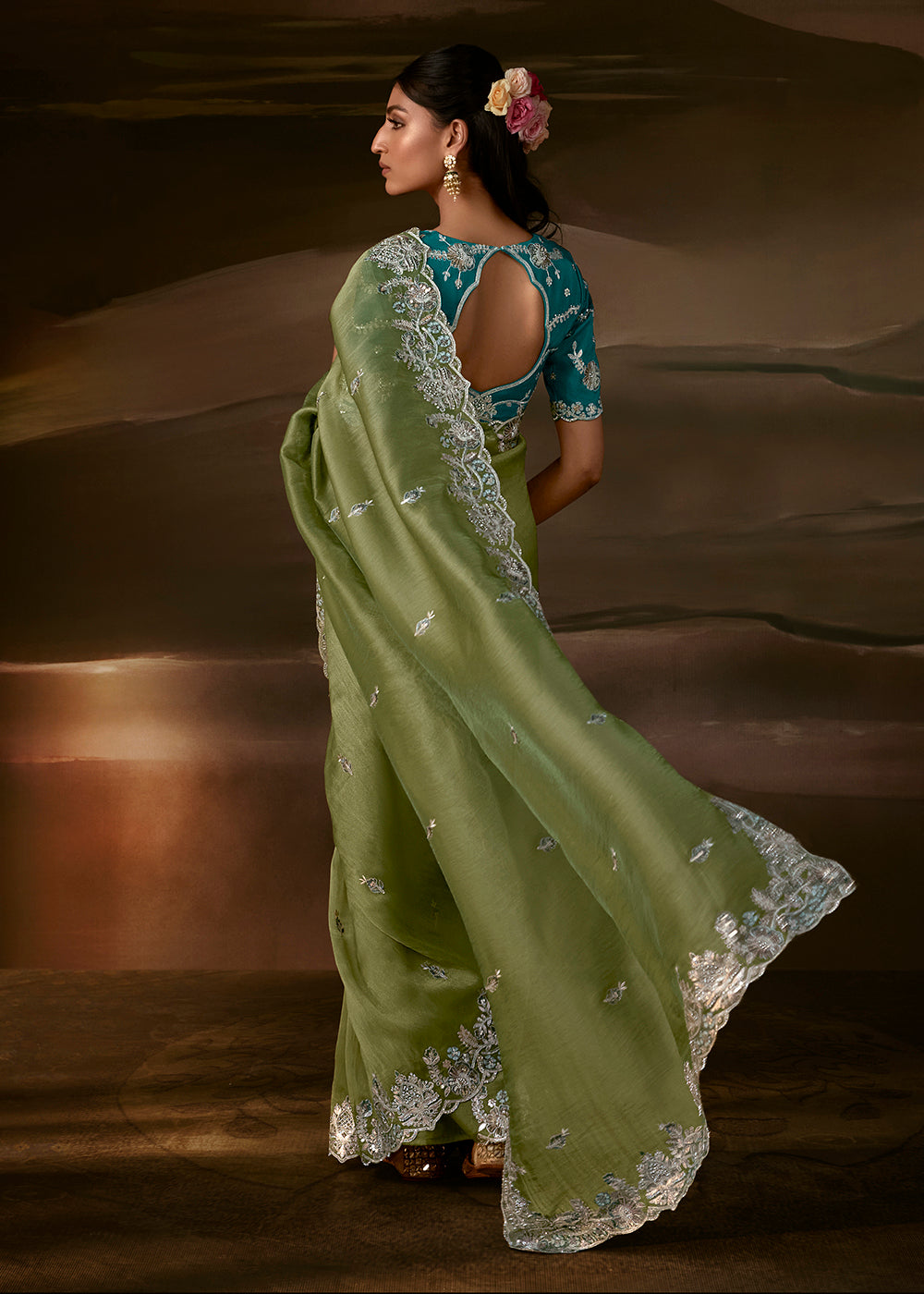 Buy Now Pista Green Zari Organza Designer Style Festive Saree Online in US, UK, Canada, France, Germany, Denmark, Sweden, Australia, UAE &amp; Worldwide at Empress.