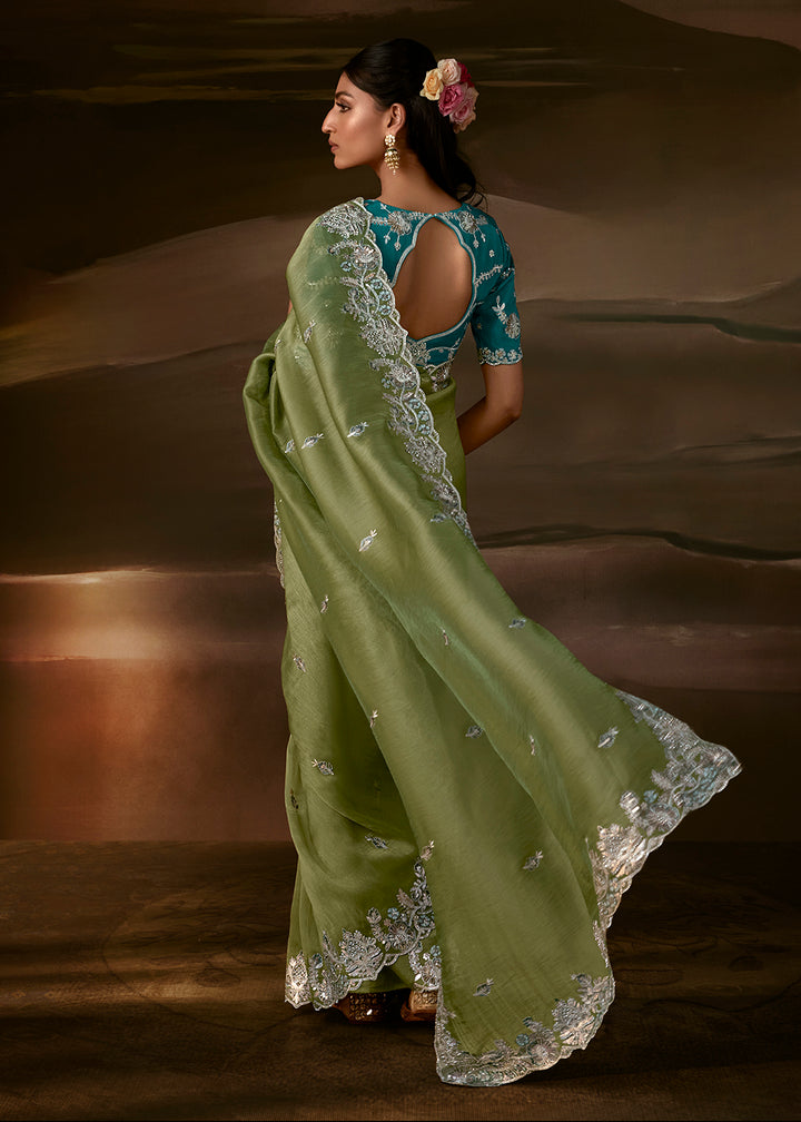 Buy Now Pista Green Zari Organza Designer Style Festive Saree Online in US, UK, Canada, France, Germany, Denmark, Sweden, Australia, UAE &amp; Worldwide at Empress.
