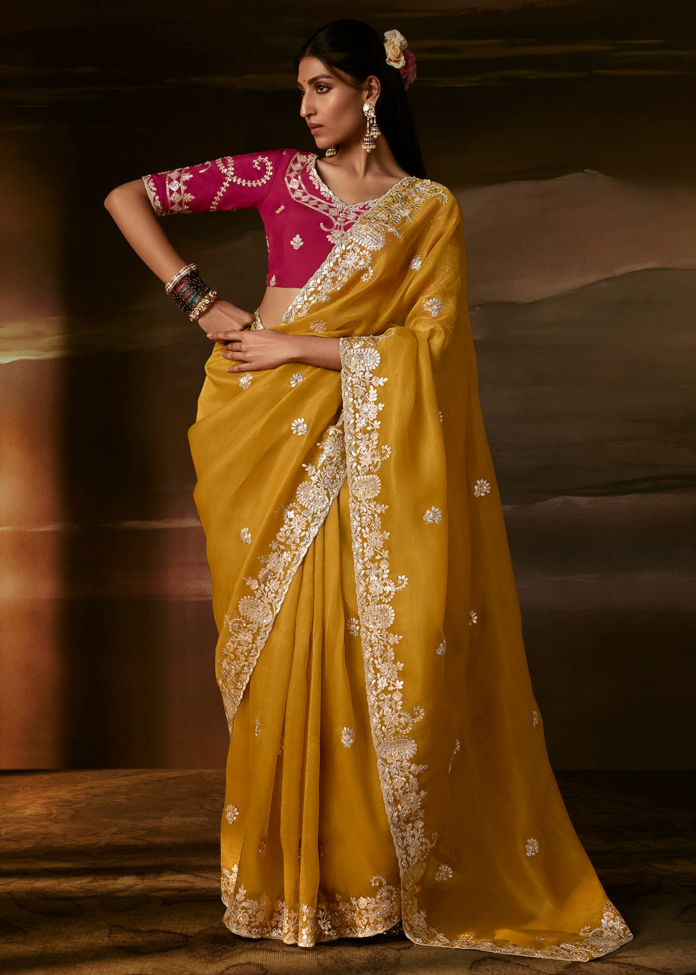 Buy Now Yellow Zari Organza Designer Style Festive Saree Online in US, UK, Canada, France, Germany, Denmark, Sweden, Australia, UAE & Worldwide at Empress.