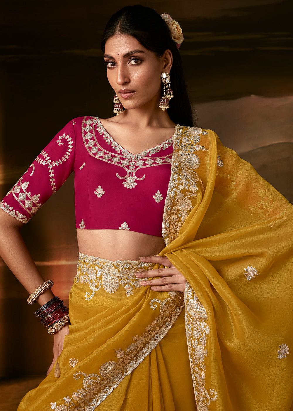 Buy Now Yellow Zari Organza Designer Style Festive Saree Online in US, UK, Canada, France, Germany, Denmark, Sweden, Australia, UAE &amp; Worldwide at Empress.