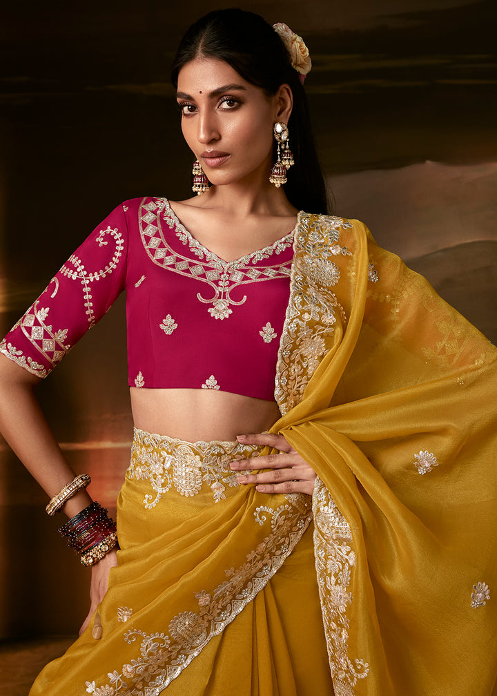 Buy Now Yellow Zari Organza Designer Style Festive Saree Online in US, UK, Canada, France, Germany, Denmark, Sweden, Australia, UAE &amp; Worldwide at Empress.