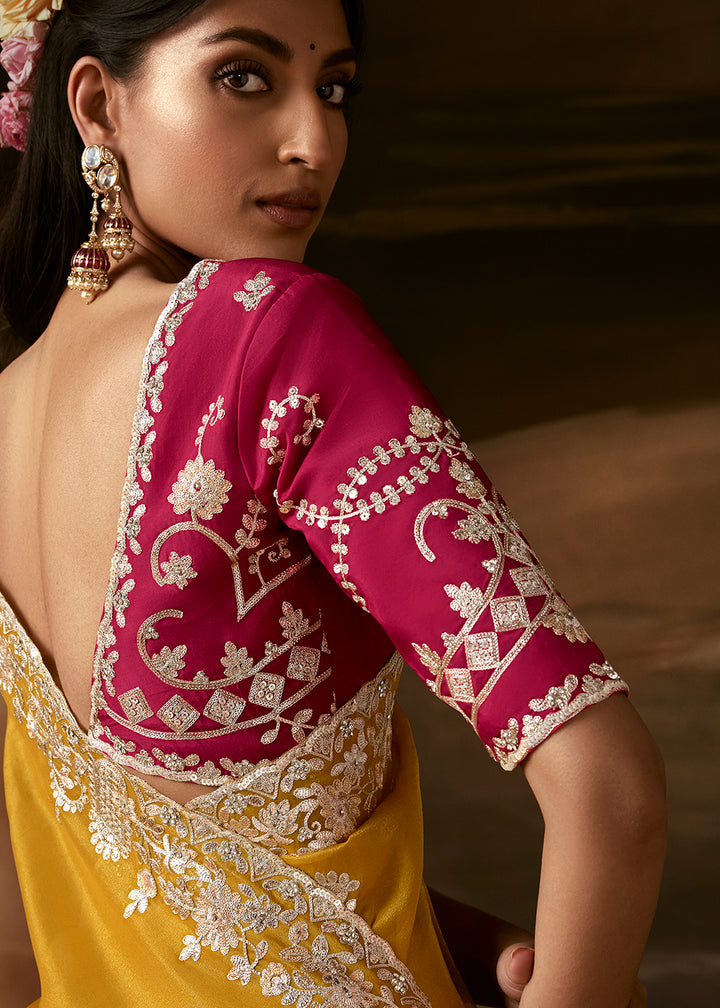 Buy Now Yellow Zari Organza Designer Style Festive Saree Online in US, UK, Canada, France, Germany, Denmark, Sweden, Australia, UAE &amp; Worldwide at Empress.