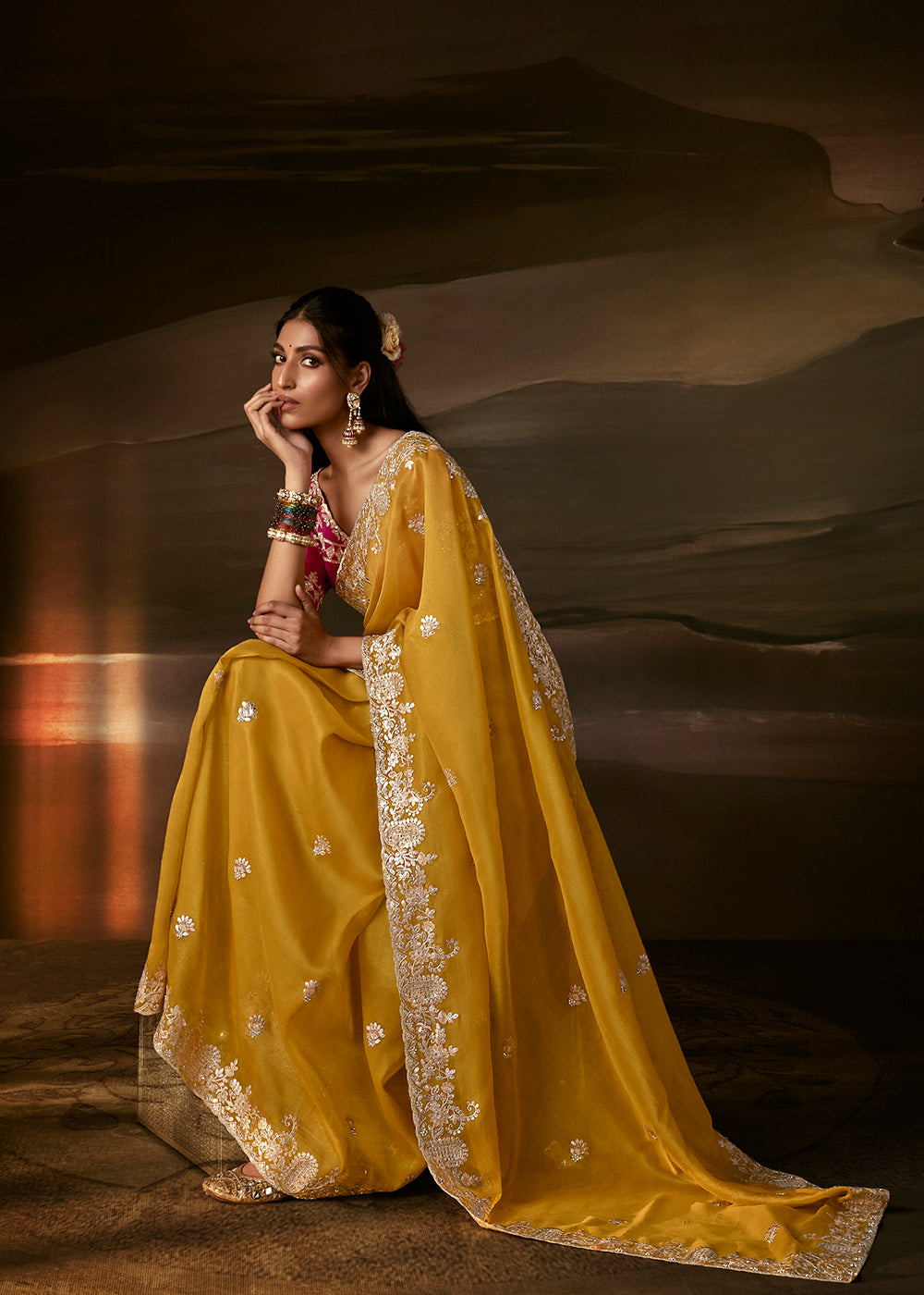 Buy Now Yellow Zari Organza Designer Style Festive Saree Online in US, UK, Canada, France, Germany, Denmark, Sweden, Australia, UAE &amp; Worldwide at Empress.