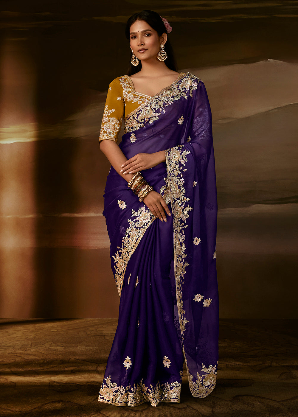 Buy Now Violet Purple Zari Organza Designer Style Festive Saree Online in US, UK, Canada, France, Germany, Denmark, Sweden, Australia, UAE & Worldwide at Empress.