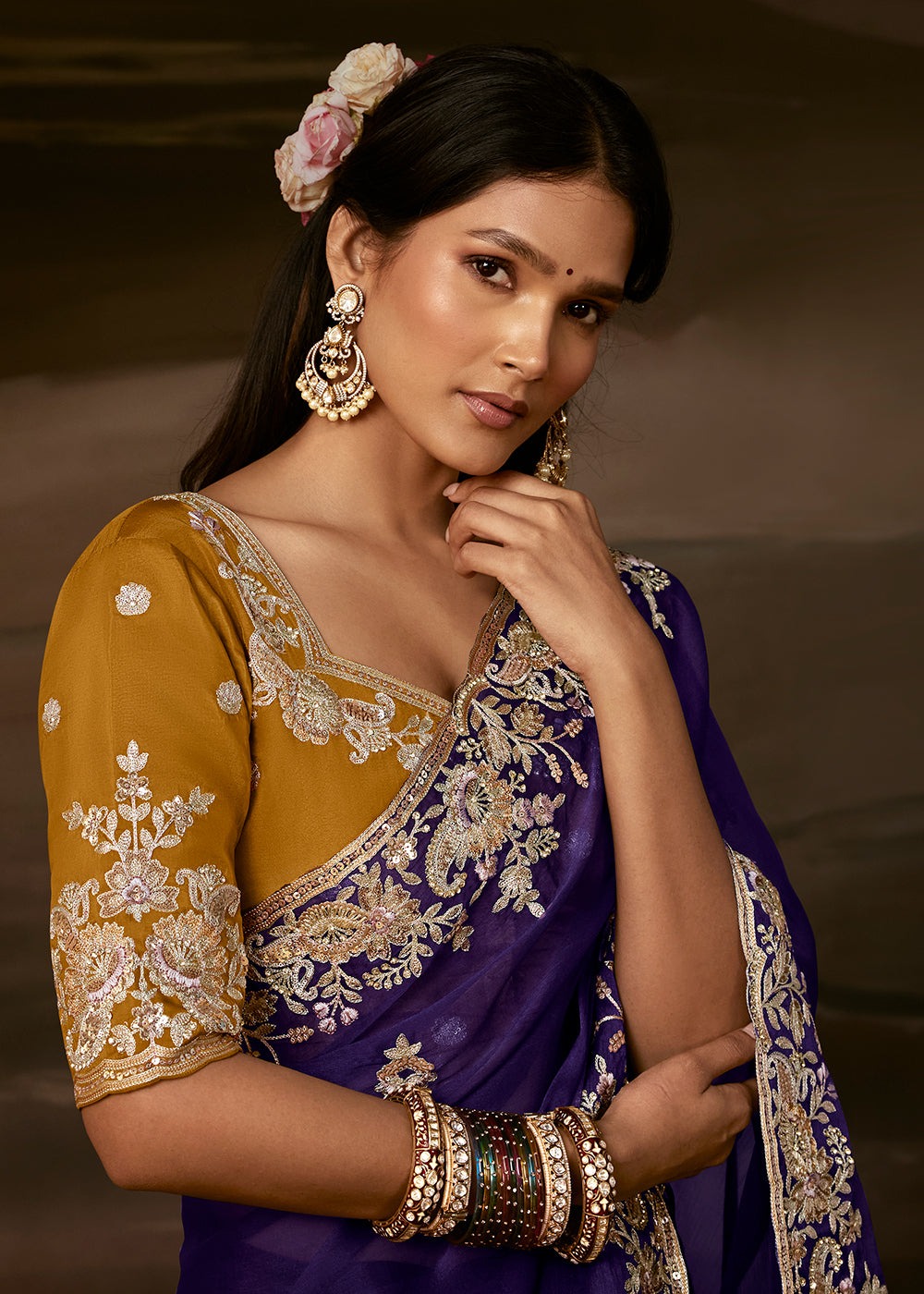 Buy Now Violet Purple Zari Organza Designer Style Festive Saree Online in US, UK, Canada, France, Germany, Denmark, Sweden, Australia, UAE & Worldwide at Empress.