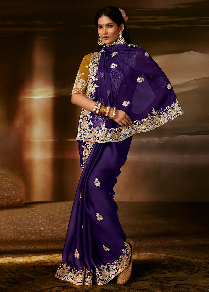 Buy Now Violet Purple Zari Organza Designer Style Festive Saree Online in US, UK, Canada, France, Germany, Denmark, Sweden, Australia, UAE &amp; Worldwide at Empress.