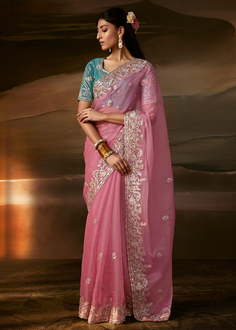 Buy Now Light Pink Zari Organza Designer Style Festive Saree Online in US, UK, Canada, France, Germany, Denmark, Sweden, Australia, UAE & Worldwide at Empress.