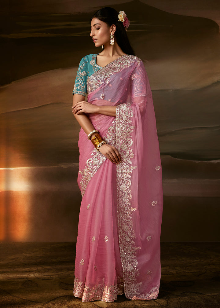 Buy Now Light Pink Zari Organza Designer Style Festive Saree Online in US, UK, Canada, France, Germany, Denmark, Sweden, Australia, UAE &amp; Worldwide at Empress.