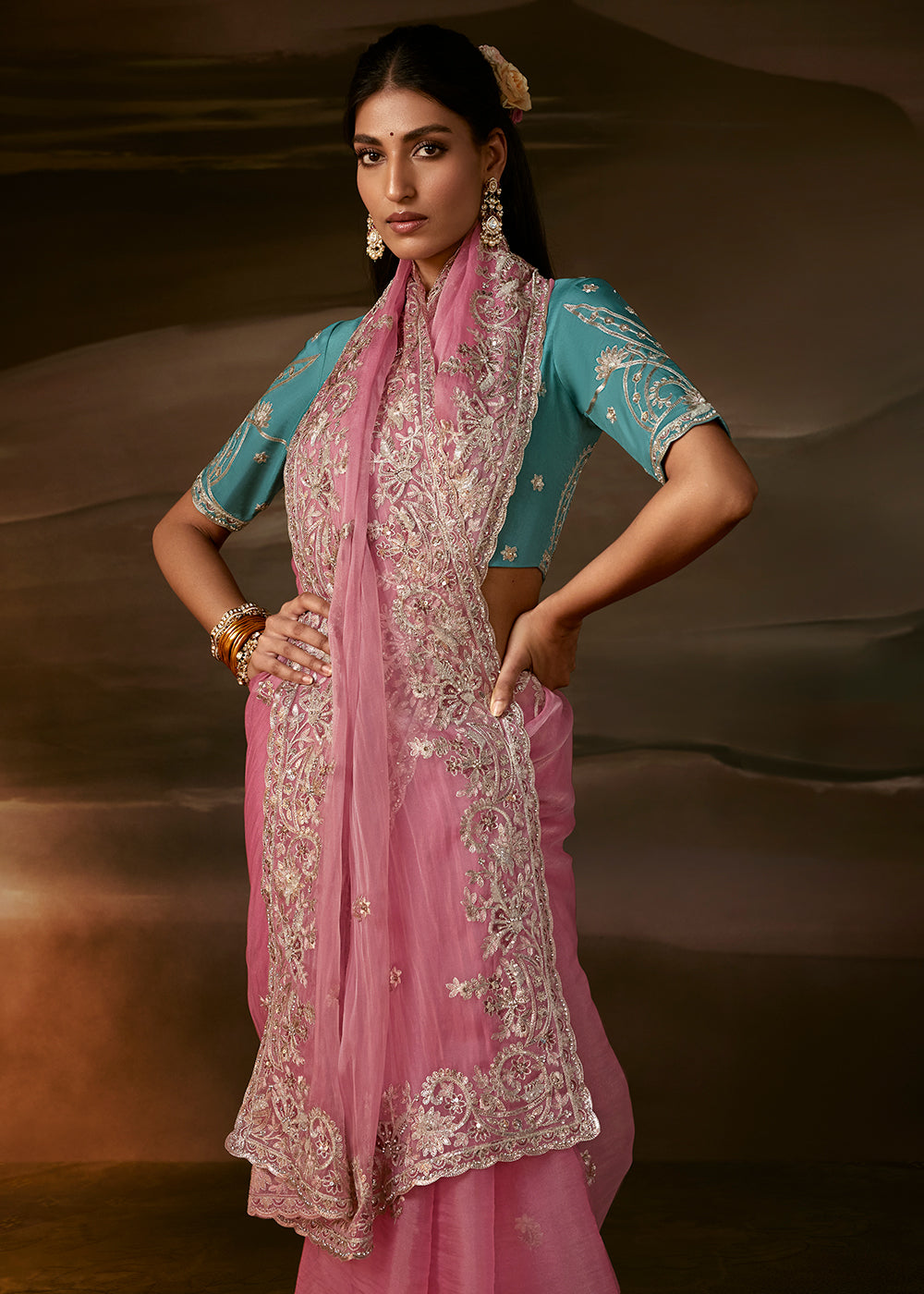Buy Now Light Pink Zari Organza Designer Style Festive Saree Online in US, UK, Canada, France, Germany, Denmark, Sweden, Australia, UAE &amp; Worldwide at Empress.