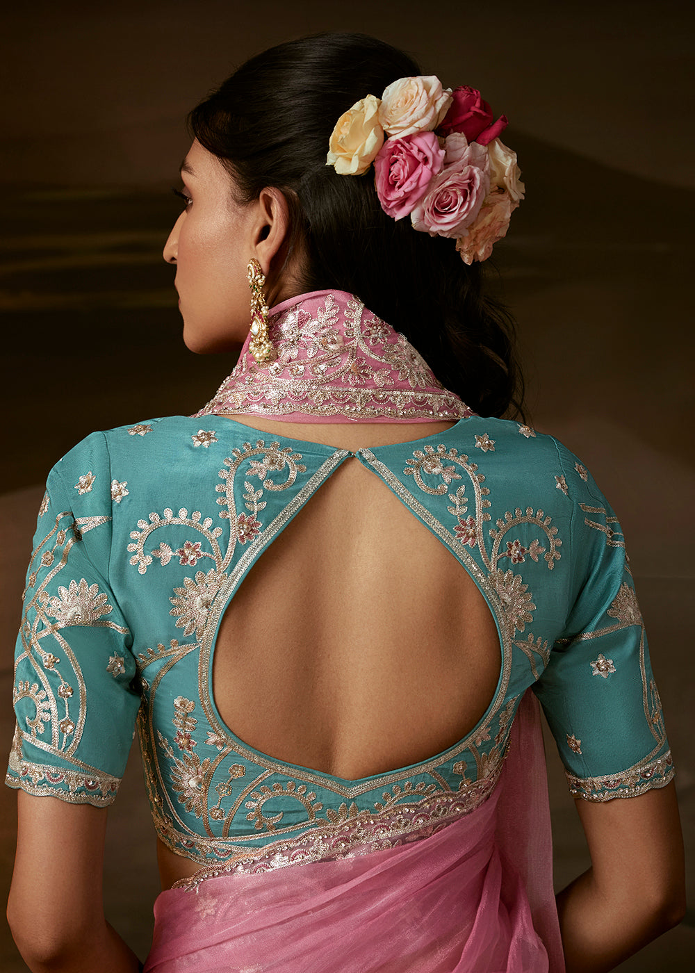 Buy Now Light Pink Zari Organza Designer Style Festive Saree Online in US, UK, Canada, France, Germany, Denmark, Sweden, Australia, UAE &amp; Worldwide at Empress.