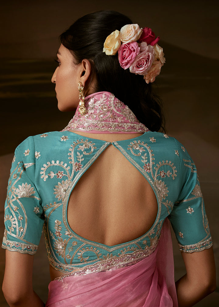 Buy Now Light Pink Zari Organza Designer Style Festive Saree Online in US, UK, Canada, France, Germany, Denmark, Sweden, Australia, UAE &amp; Worldwide at Empress.