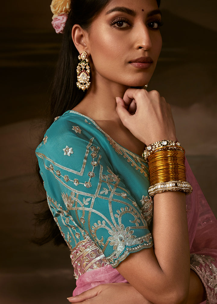 Buy Now Light Pink Zari Organza Designer Style Festive Saree Online in US, UK, Canada, France, Germany, Denmark, Sweden, Australia, UAE &amp; Worldwide at Empress.