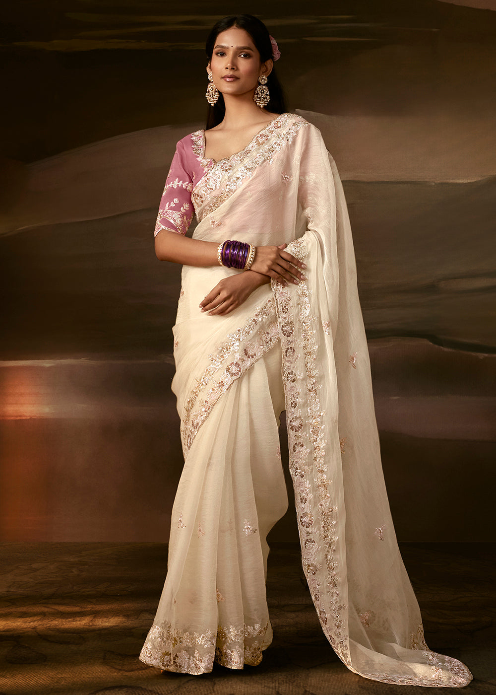 Buy Now Off White Zari Organza Designer Style Festive Saree Online in US, UK, Canada, France, Germany, Denmark, Sweden, Australia, UAE & Worldwide at Empress.