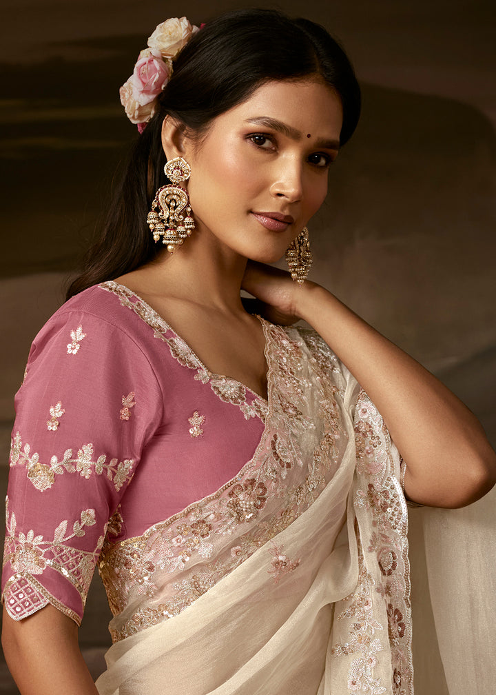 Buy Now Off White Zari Organza Designer Style Festive Saree Online in US, UK, Canada, France, Germany, Denmark, Sweden, Australia, UAE &amp; Worldwide at Empress.