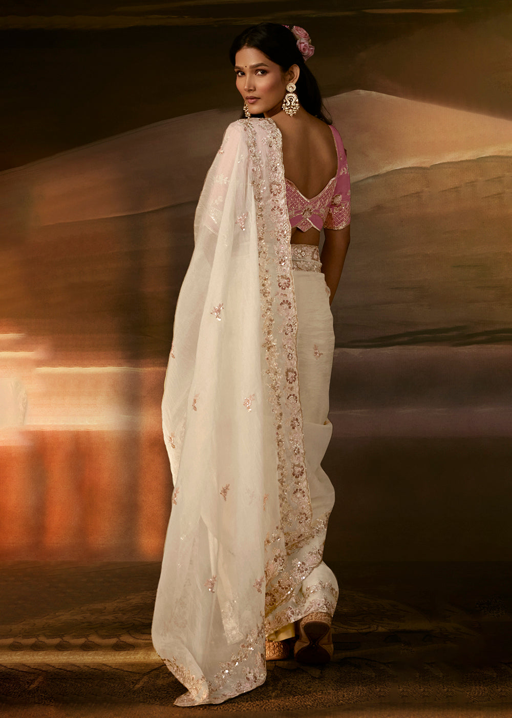 Buy Now Off White Zari Organza Designer Style Festive Saree Online in US, UK, Canada, France, Germany, Denmark, Sweden, Australia, UAE &amp; Worldwide at Empress.