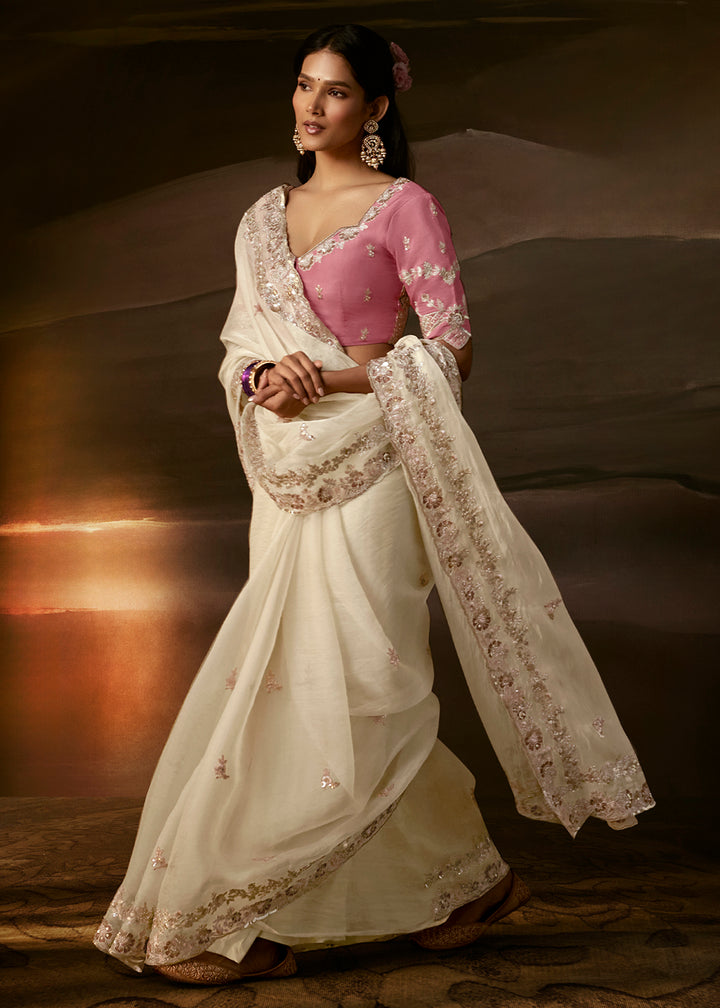 Buy Now Off White Zari Organza Designer Style Festive Saree Online in US, UK, Canada, France, Germany, Denmark, Sweden, Australia, UAE &amp; Worldwide at Empress.