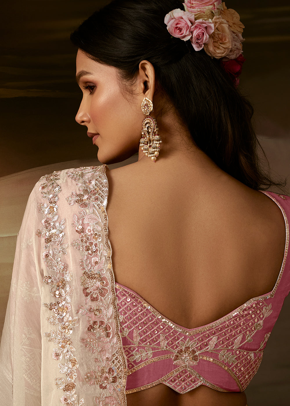 Buy Now Off White Zari Organza Designer Style Festive Saree Online in US, UK, Canada, France, Germany, Denmark, Sweden, Australia, UAE &amp; Worldwide at Empress.