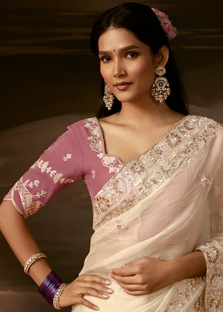 Buy Now Off White Zari Organza Designer Style Festive Saree Online in US, UK, Canada, France, Germany, Denmark, Sweden, Australia, UAE &amp; Worldwide at Empress.