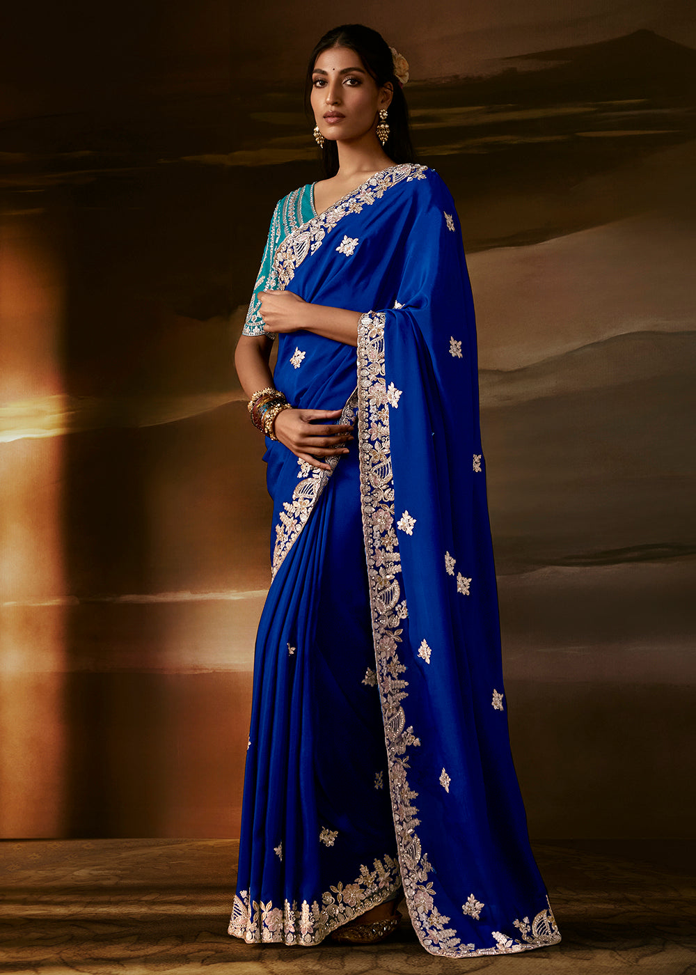 Buy Now Royal Blue Zari Organza Designer Style Festive Saree Online in US, UK, Canada, France, Germany, Denmark, Sweden, Australia, UAE & Worldwide at Empress.