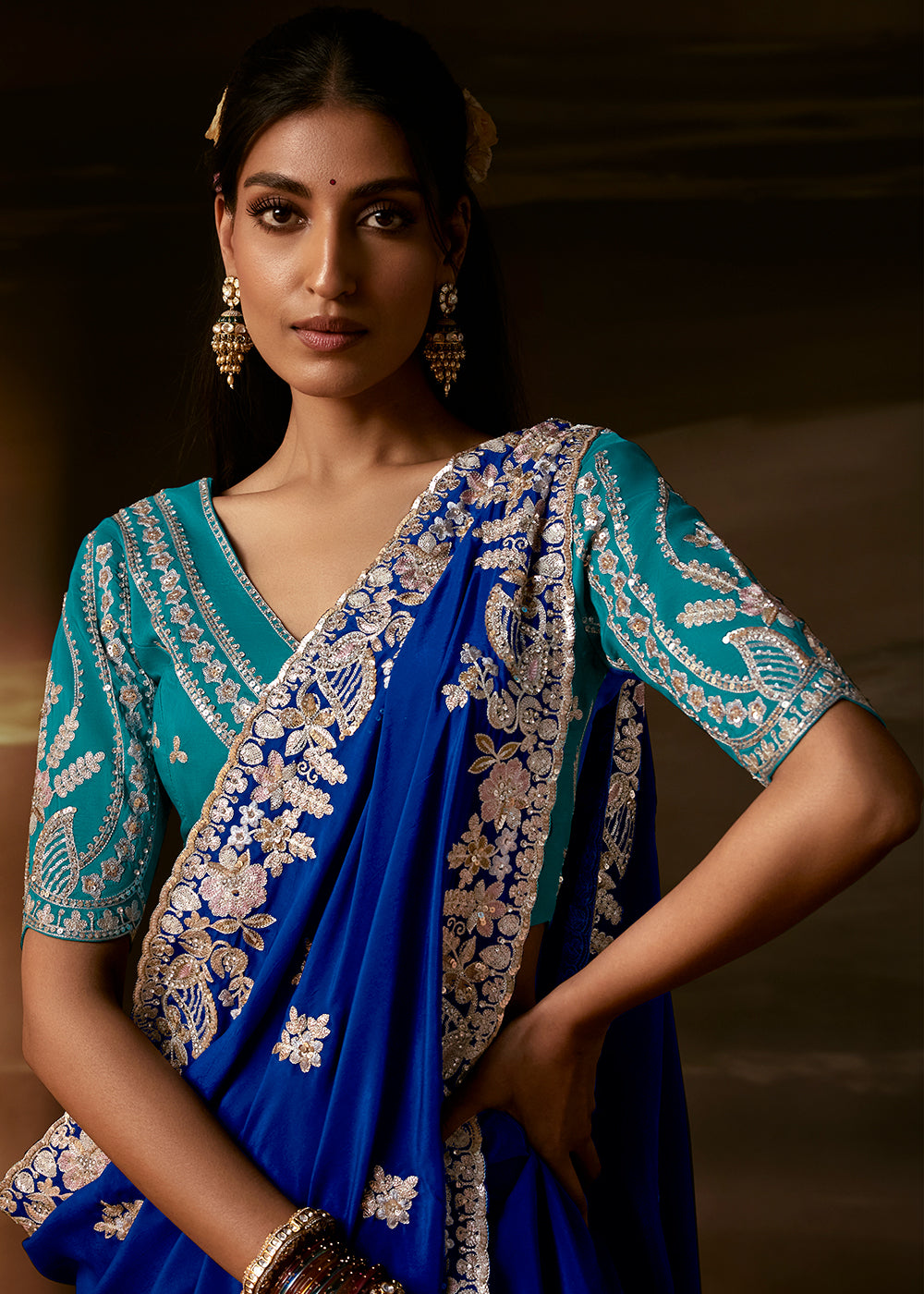 Buy Now Royal Blue Zari Organza Designer Style Festive Saree Online in US, UK, Canada, France, Germany, Denmark, Sweden, Australia, UAE & Worldwide at Empress.