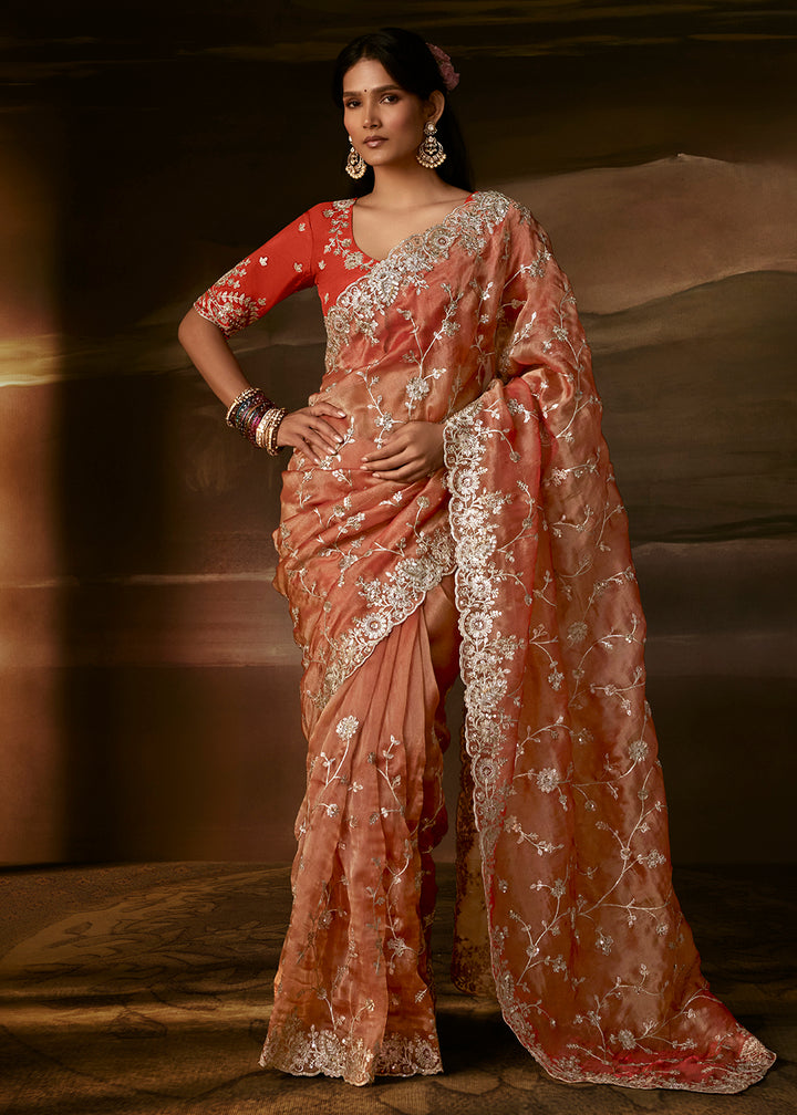 Buy Now Peachy Orange Zari Organza Designer Style Festive Saree Online in US, UK, Canada, France, Germany, Denmark, Sweden, Australia &amp; Worldwide at Empress.