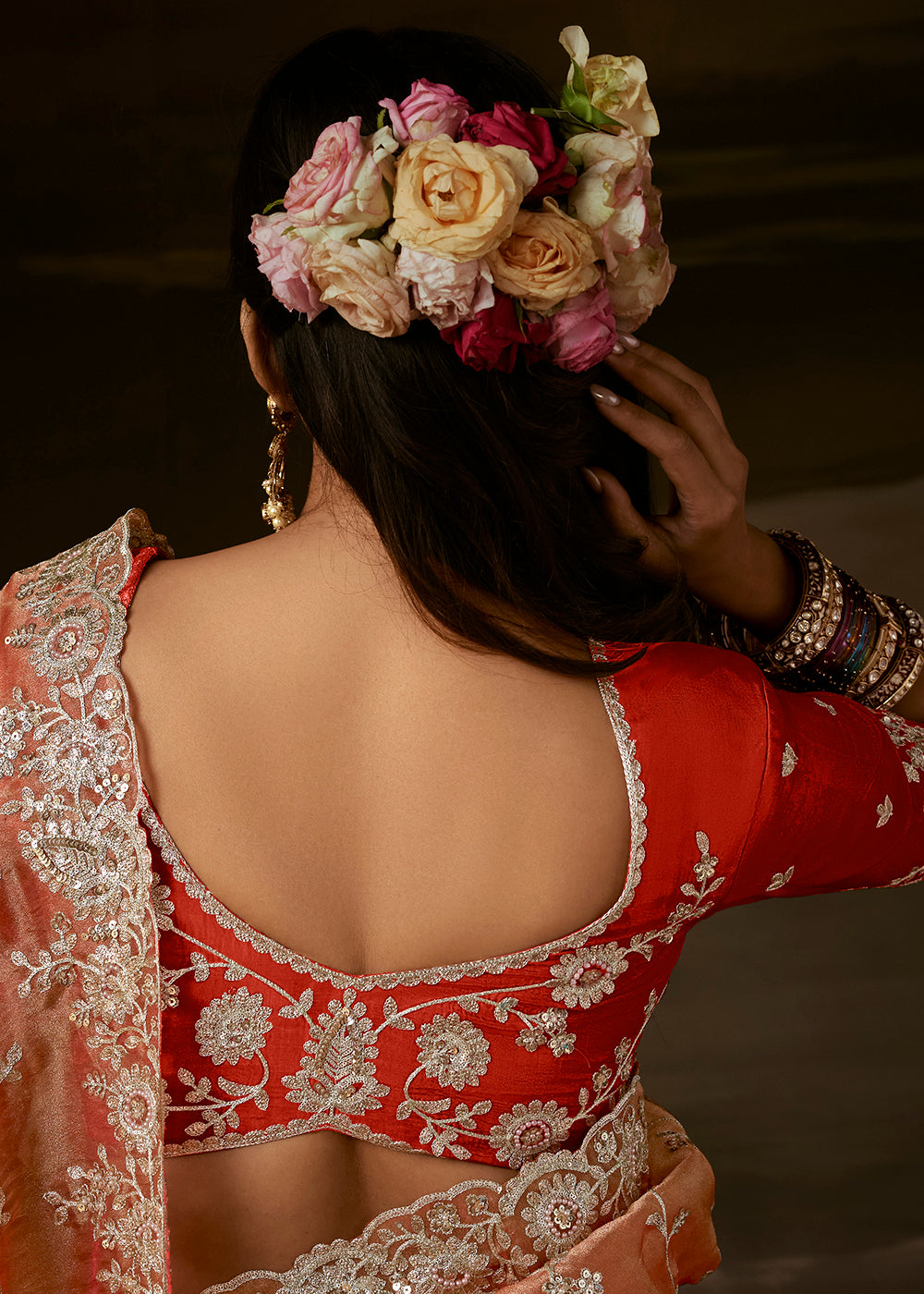 Buy Now Peachy Orange Zari Organza Designer Style Festive Saree Online in US, UK, Canada, France, Germany, Denmark, Sweden, Australia &amp; Worldwide at Empress.