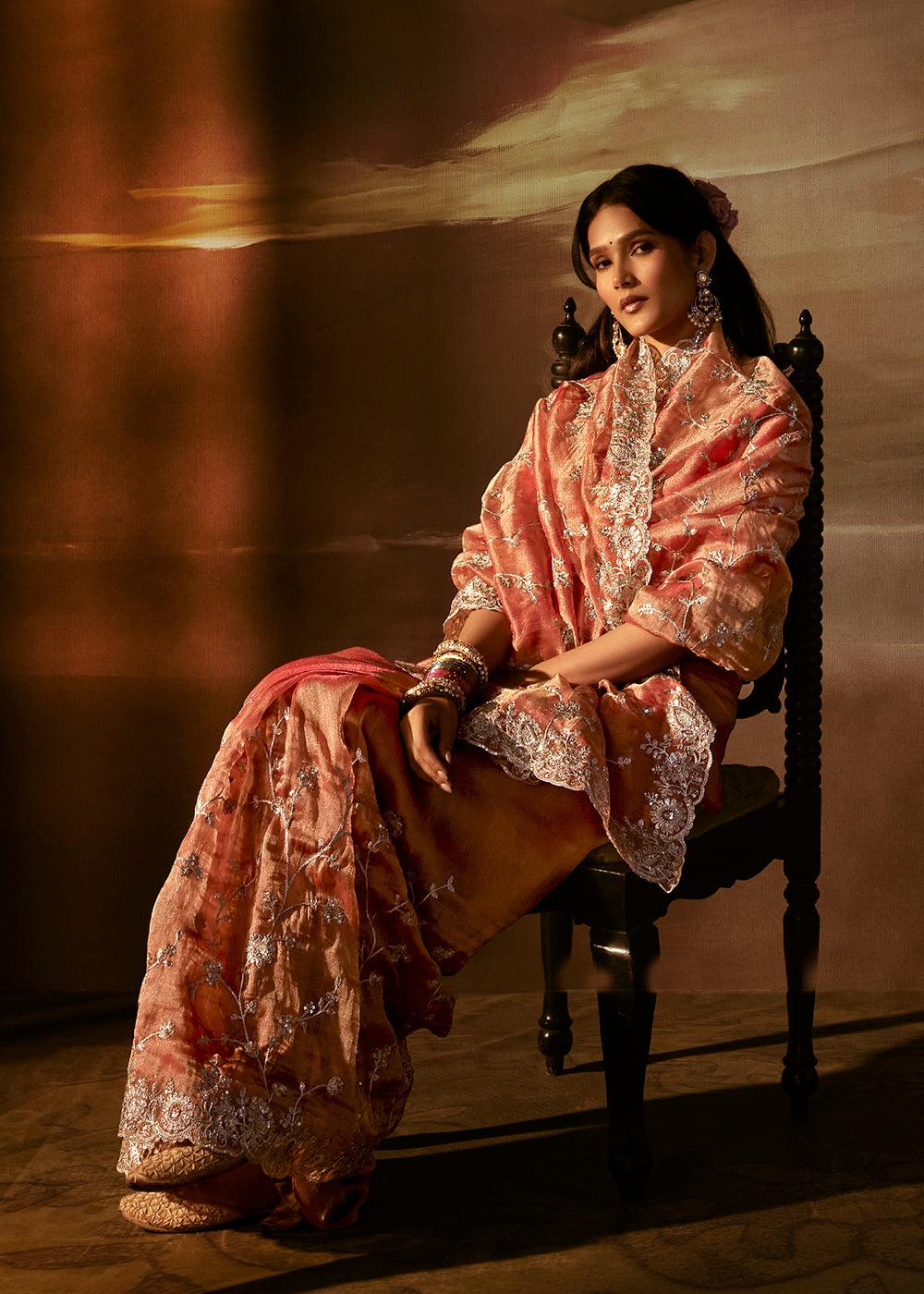 Buy Now Peachy Orange Zari Organza Designer Style Festive Saree Online in US, UK, Canada, France, Germany, Denmark, Sweden, Australia &amp; Worldwide at Empress.