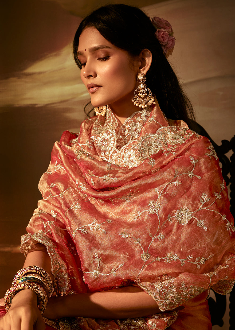 Buy Now Peachy Orange Zari Organza Designer Style Festive Saree Online in US, UK, Canada, France, Germany, Denmark, Sweden, Australia &amp; Worldwide at Empress.