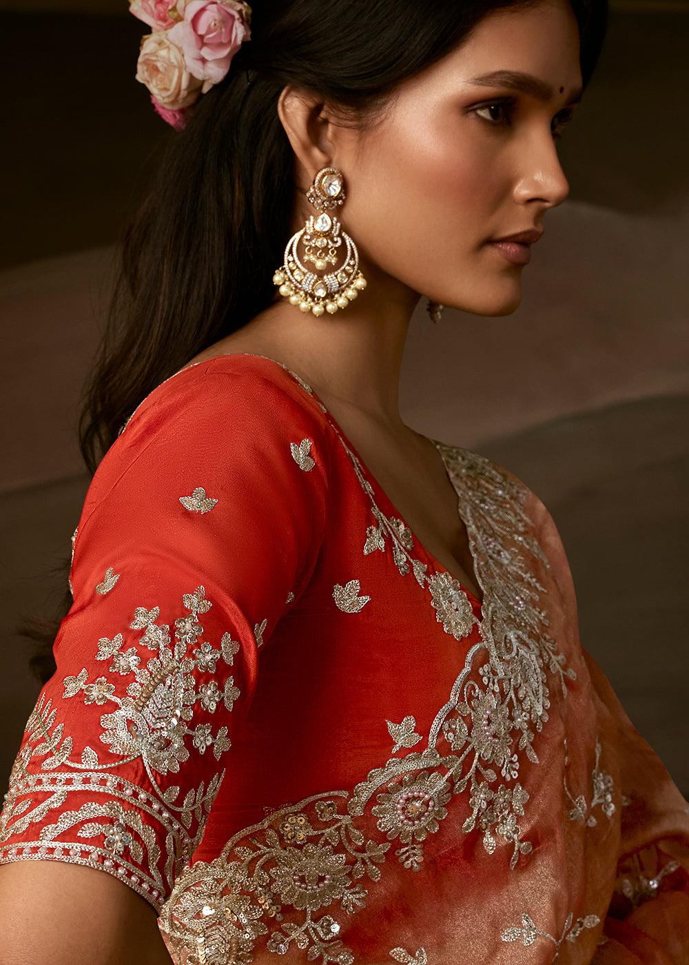 Buy Now Peachy Orange Zari Organza Designer Style Festive Saree Online in US, UK, Canada, France, Germany, Denmark, Sweden, Australia &amp; Worldwide at Empress.