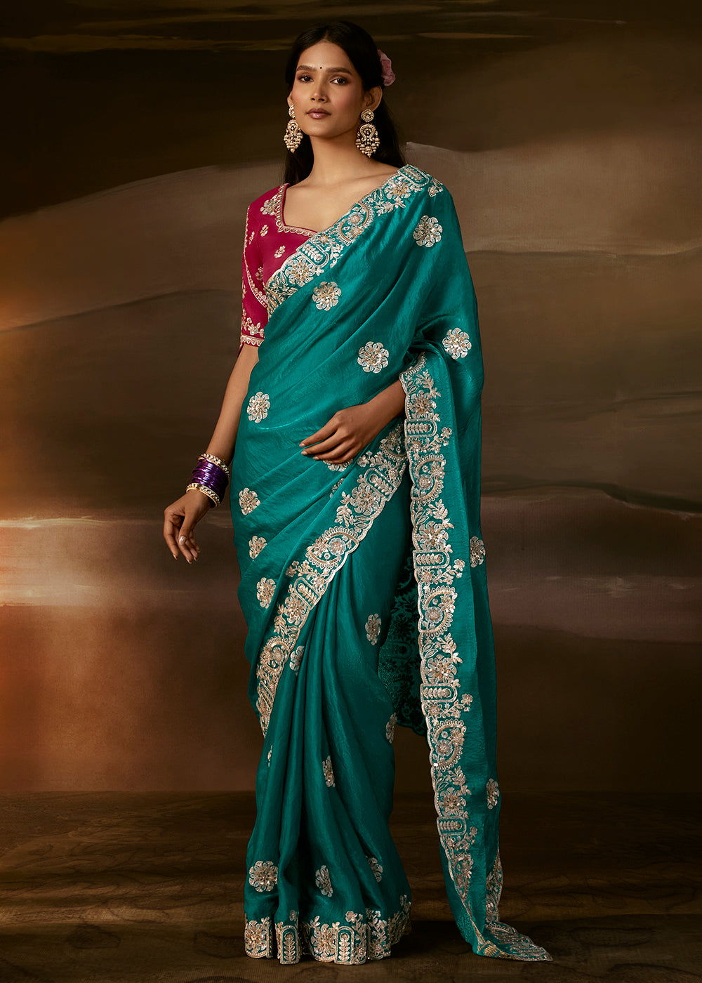 Buy Now Turquoise Zari Organza Designer Style Festive Saree Online in US, UK, Canada, France, Germany, Denmark, Sweden, Australia, UAE & Worldwide at Empress.