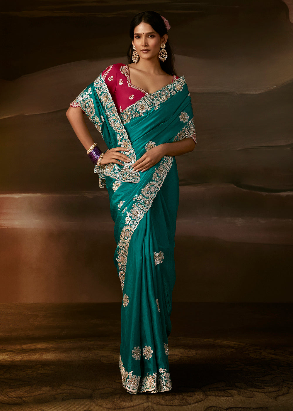 Buy Now Turquoise Zari Organza Designer Style Festive Saree Online in US, UK, Canada, France, Germany, Denmark, Sweden, Australia, UAE &amp; Worldwide at Empress.